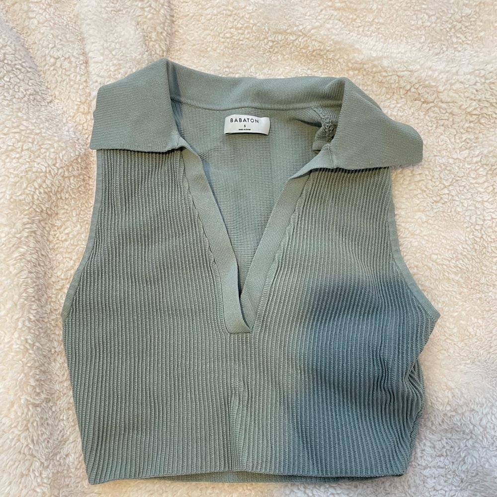 Aritzia Babaton Sculpt Knit Polo Top in Dusky Green